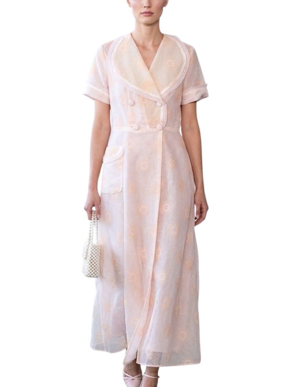 Vintage 50s 60s Pink Sunburst Organza Double Breasted Lace Collar Maxi Dress 18